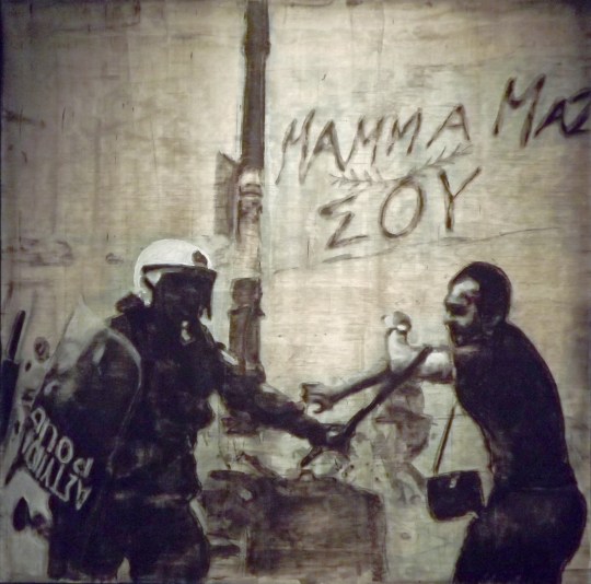 “Greece 2011”, 48”x48”, pastel, graphite, charcoal, oil pastel