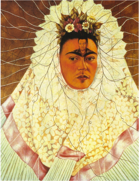 Artist:Frida Kahlo Start Date: 1940 Completion Date:1943 Style:Naïve Art (Primitivism) Genre:self-portrait Technique:oil Material: masonite Dimensions: 76 x 61 cm http://uploads7.wikiart.org/images/magdalena-carmen-frieda-kahlo-y-calder%C3%B3n-de-rivera/self-portrait-as-a-tehuana-1943.jpg