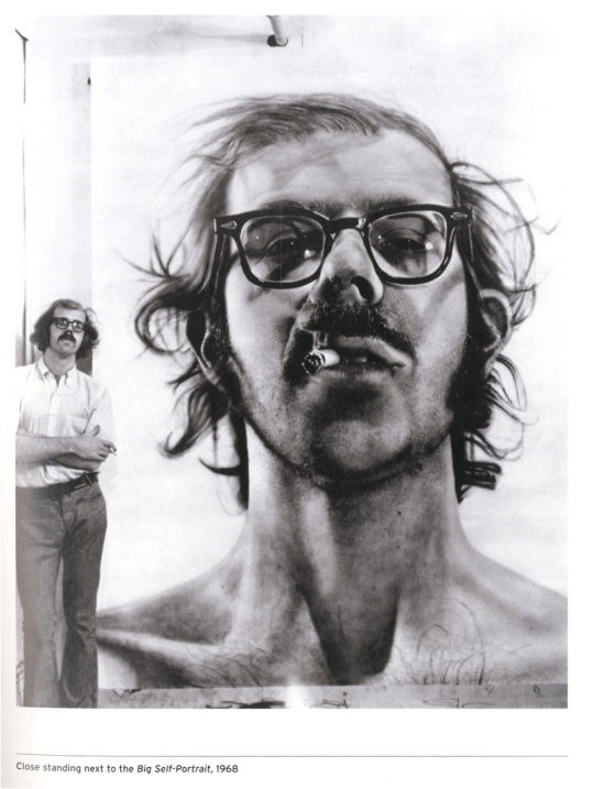 Chuck Close in 1968 with his ‘Big Self-Portrait’ (1967-1968). https://beckchris.wordpress.com/people/best-contemporary-visual-artists-the-critics-picks/