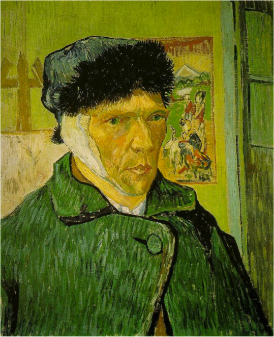 Van Gogh Self-portrait with Bandaged Ear, Easel and Japanese Print, January 1889 Oil on canvas, 60 × 49 cm