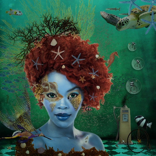 'Ocean' was created by digital artist Nola Lee Kelsey. It is the 8th piece in her surreal portrait series. This artwork is an editorial statement against the polluting of our seas and ongoing drilling for oil, despite the fact that in the end we will still need to harness renewable energy sources such as solar and wind power. Why not just do it now? We need healthy seas to exist - not oil spills. No amount of cleaning and technology can repair the balance of life it took nature billions of years to perfect. Oil and water do not mix.